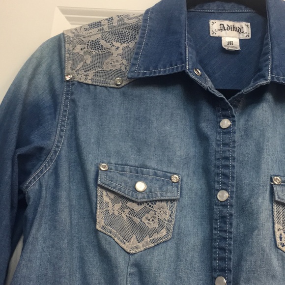 Denim & Lace Button Down Western Shirt - Picture 3 of 12